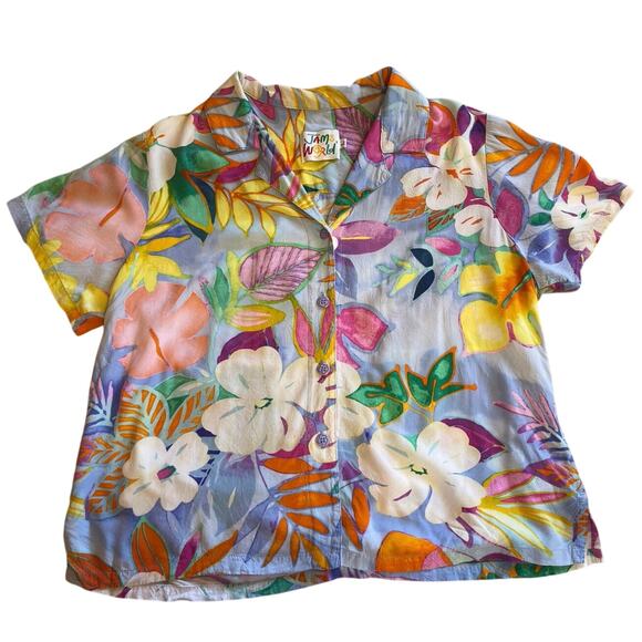 Jams World Colorful Tropical Watercolor Floral Casual Button Up Blouse Large - Picture 6 of 10